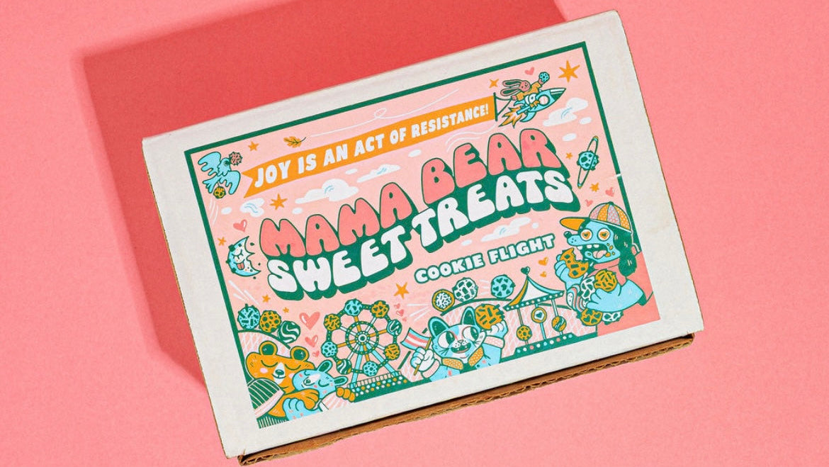 Mama Bear Sweet Treats cookie box with colorful design on a pink background