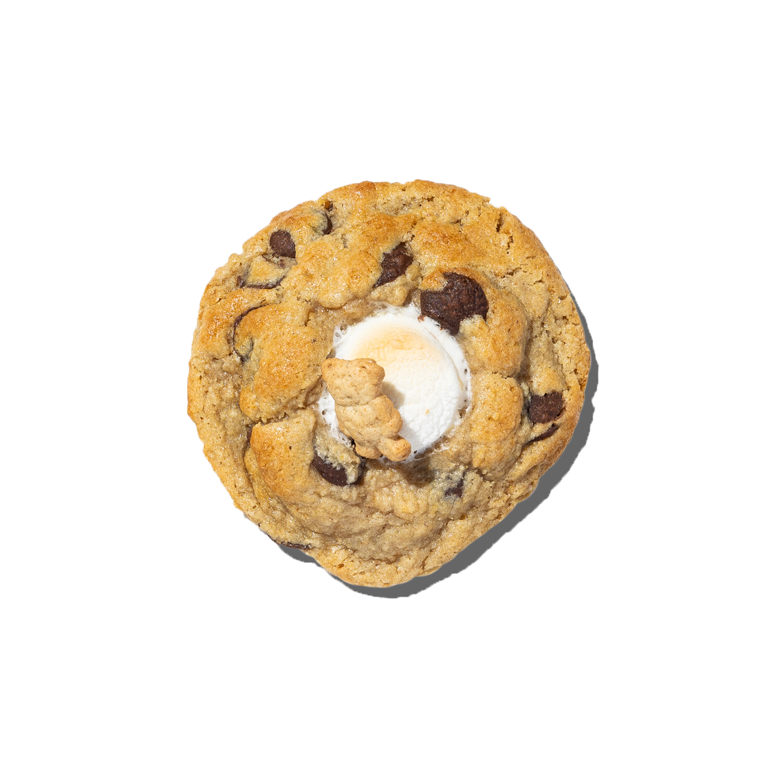 Chocolate chip cookie with a marshmallow center on a white background